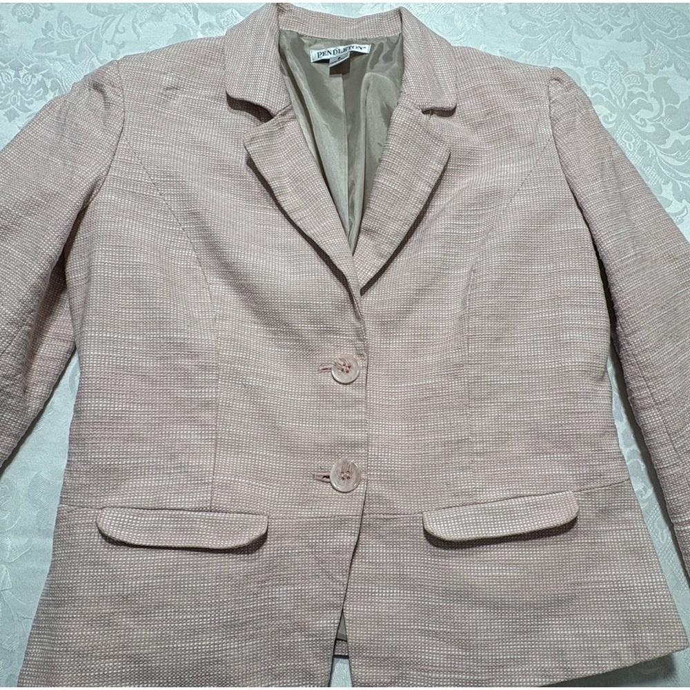 Pendleton Women Size 8 Blazer Linen Cotton Blend Pink White Plaid Two Bu